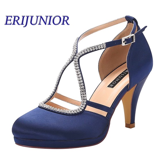 HP🎉 ERIJUNIOR - NWOT Navy Satin Rhinestone Pumps - Picture 3 of 8